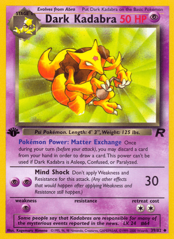1st Edition Normal, 39, Psychic, Psychic[×2], Team Rocket 1st Edition, Uncommon Dark Kadabra (39/82) [Team Rocket 1st Edition] - Trading Card World