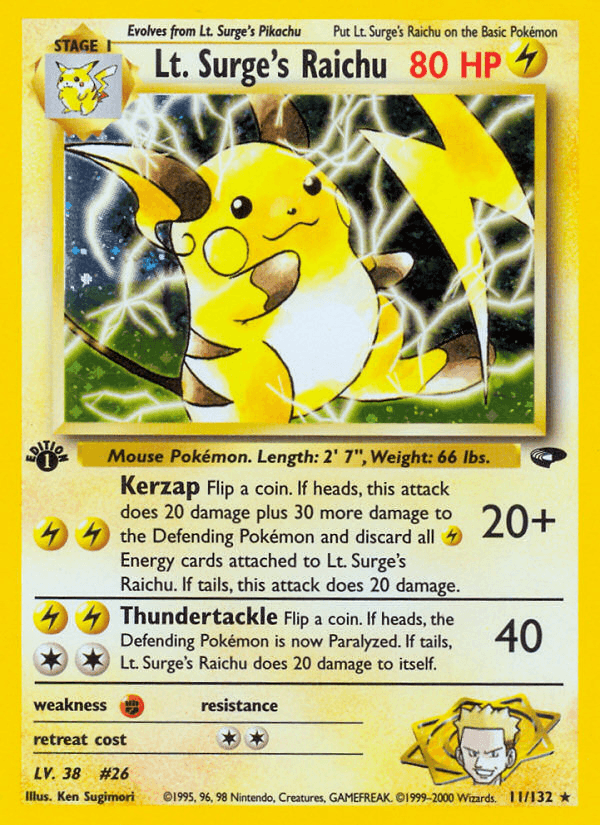 11, 1st Edition Holofoil, Fighting[×2], Gym Challenge 1st Edition, Holo Rare, Lightning Lt. Surge's Raichu (11/132) [Gym Challenge 1st Edition] - Trading Card World