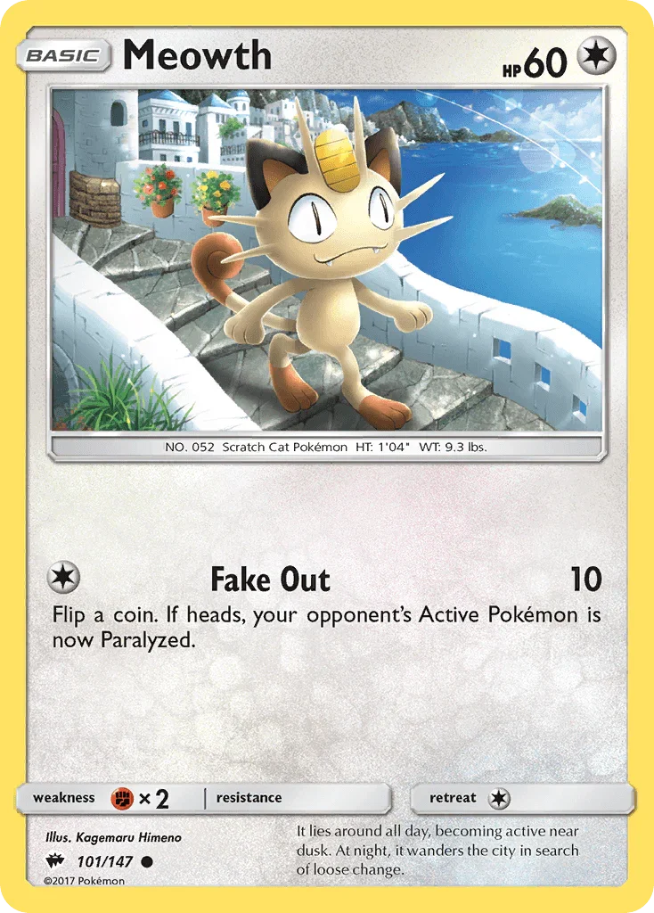 Colorless, Common, Fighting[×2], Normal, Reverse Holofoil, Sun & Moon: Burning Shadows Meowth (101/147) [Sun & Moon: Burning Shadows] - Trading Card World