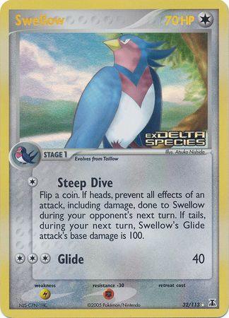 32, Colorless, EX: Delta Species, Fighting[-30], Lightning[×2], Rare, Reverse Holofoil Swellow (32/113) (Stamped) [EX: Delta Species] - Trading Card World