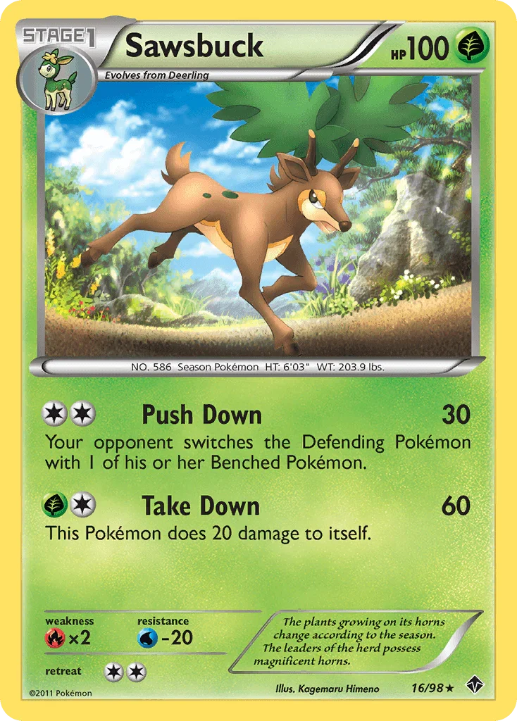 16, Black & White: Emerging Powers, Fire[×2], Grass, Normal, Rare, Reverse Holofoil, Water[-20] Sawsbuck (16/98) [Black & White: Emerging Powers] - Trading Card World