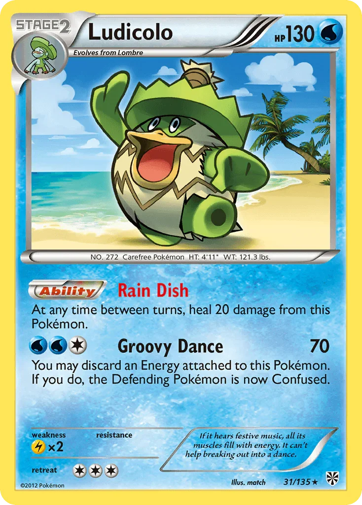 31, Black & White: Plasma Storm, Lightning[×2], Normal, Rare, Reverse Holofoil, Water Ludicolo (31/135) [Black & White: Plasma Storm] - Trading Card World