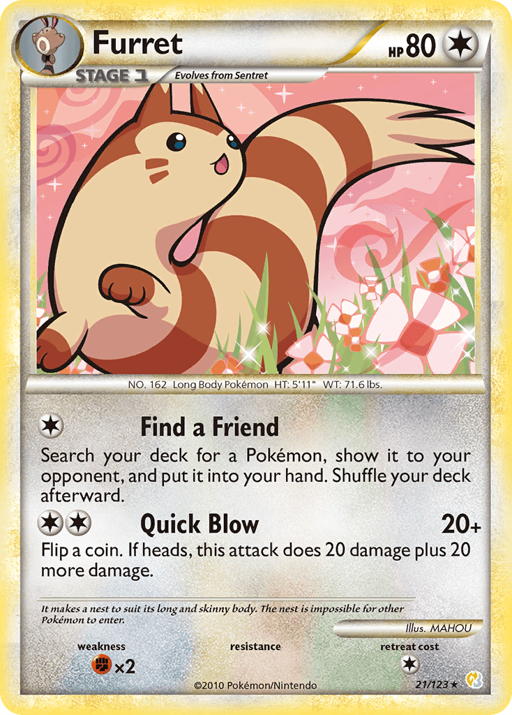 21, Colorless, Fighting[×2], HeartGold & SoulSilver: Base Set, Normal, Rare, Reverse Holofoil Furret (21/123) [HeartGold & SoulSilver: Base Set] - Trading Card World