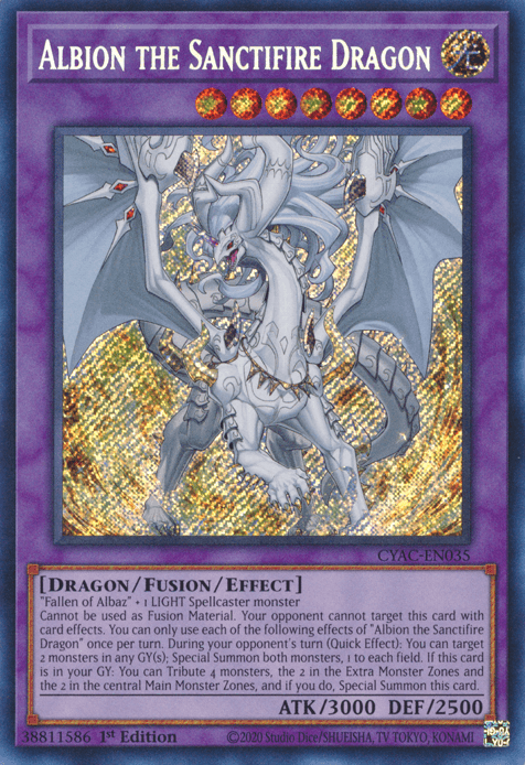 1st Edition, Cyberstorm Access, Dragon, Fusion/Effect Monster, Light, Secret Rare Albion the Sanctifire Dragon [CYAC-EN035] Secret Rare - Trading Card World