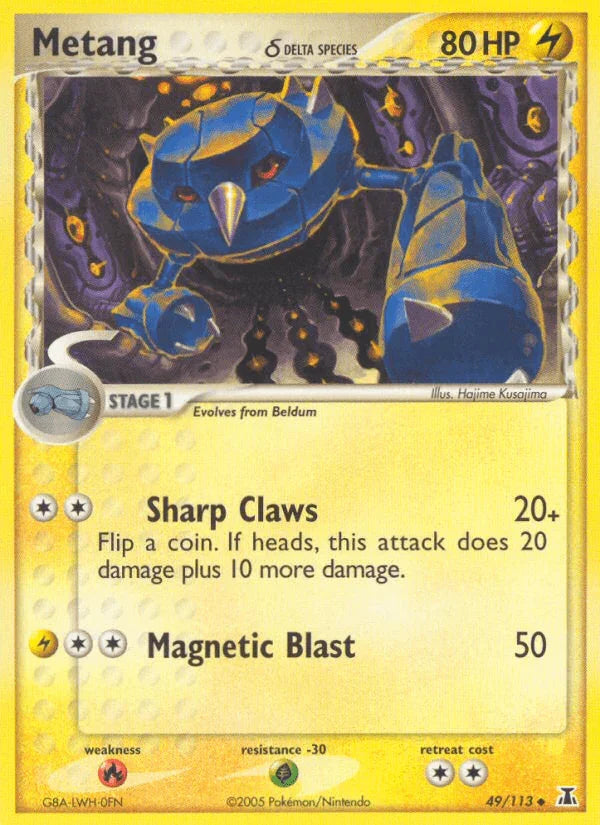 49, EX: Delta Species, Fire[×2], Grass[-30], Lightning, Normal, Uncommon Metang (49/113) (Delta Species) [EX: Delta Species] - Trading Card World