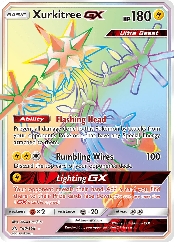 160, Fighting[×2], Holofoil, Lightning, Metal[-20], Secret Rare, Sun & Moon: Ultra Prism Xurkitree GX (160/156) [Sun & Moon: Ultra Prism] - Trading Card World