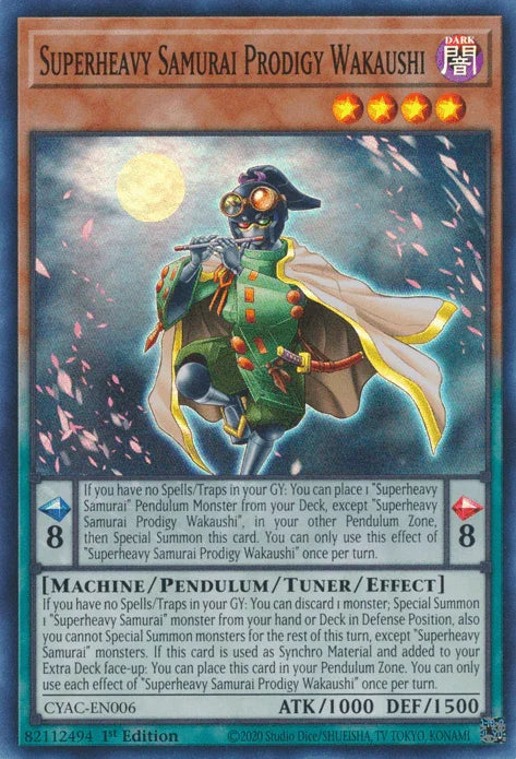 1st Edition, Cyberstorm Access, Dark, Machine, Super Rare, Tuner/Pendulum/Effect Monster Superheavy Samurai Prodigy Wakaushi [CYAC-EN006] Super Rare - Trading Card World