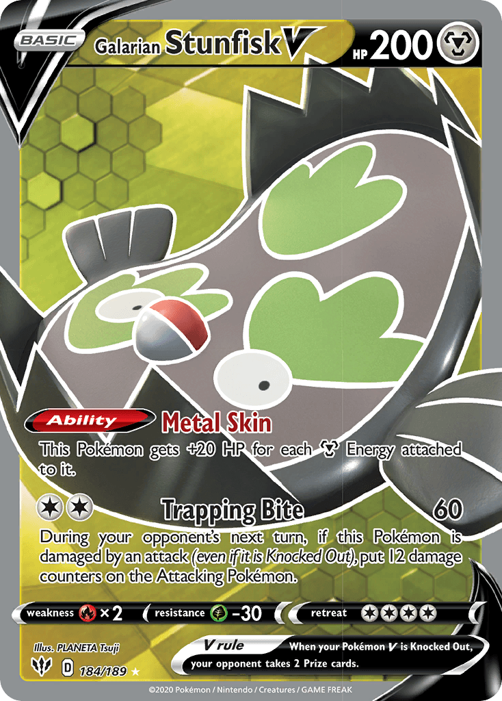 184, Fire[×2], Grass[-30], Holofoil, Metal, Sword & Shield: Darkness Ablaze, Ultra Rare Galarian Stunfisk V (184/189) [Sword & Shield: Darkness Ablaze] - Trading Card World