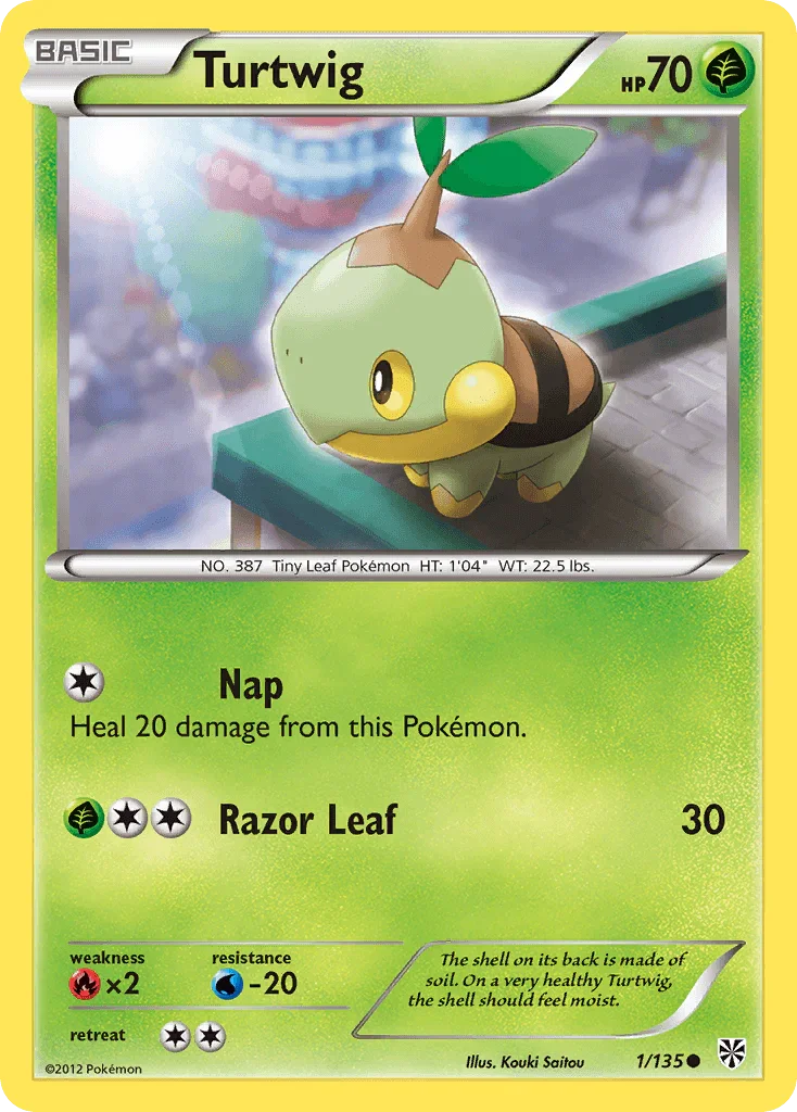 Black & White: Plasma Storm, Common, Fire[×2], Grass, Normal, Reverse Holofoil, Water[-20] Turtwig (1/135) [Black & White: Plasma Storm] - Trading Card World