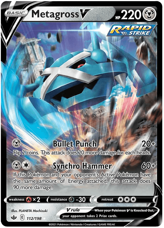 112, Fire [x2], Grass [-30], Holofoil, Metal, Sword & Shield: Chilling Reign, Ultra Rare Metagross V (112/198) [Sword & Shield: Chilling Reign] - Trading Card World