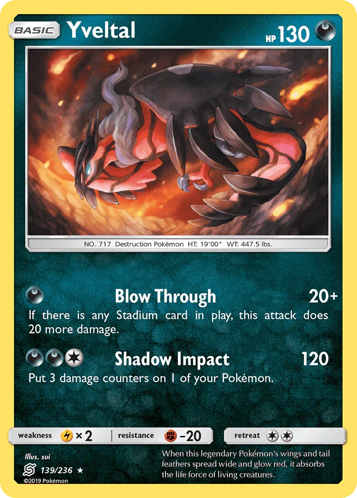 139, Darkness, Fighting[-20], Holo Rare, Holofoil, Lightning[×2], Reverse Holofoil, Sun & Moon: Unified Minds Yveltal (139/236) [Sun & Moon: Unified Minds] - Trading Card World