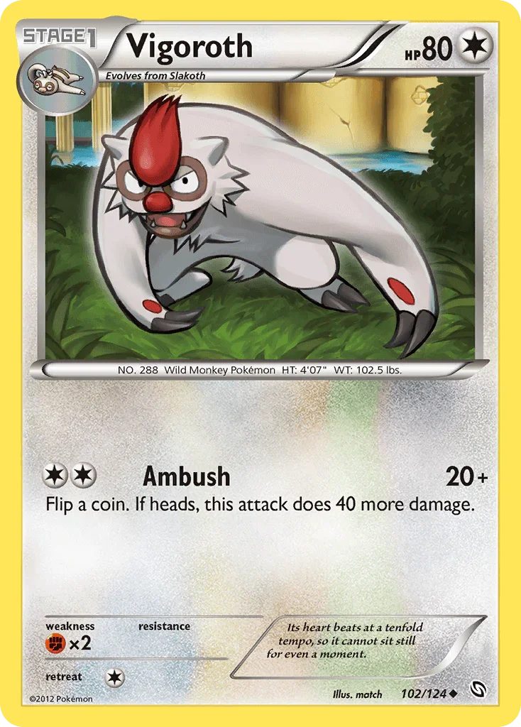 102, Black & White: Dragons Exalted, Colorless, Fighting[×2], Normal, Reverse Holofoil, Uncommon Vigoroth (102/124) [Black & White: Dragons Exalted] - Trading Card World