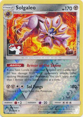 142, Fire[×2], Holo Rare, Metal, Psychic[-20], Reverse Holofoil, Sun & Moon: Cosmic Eclipse Solgaleo (142/236) (Pokemon Club Special Print) [Sun & Moon: Cosmic Eclipse] - Trading Card World