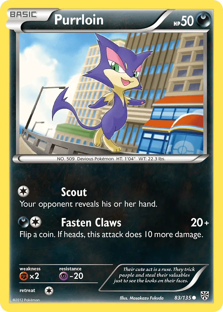 83, Black & White: Plasma Storm, Common, Darkness, Fighting[×2], Normal, Psychic[-20], Reverse Holofoil Purrloin (83/135) [Black & White: Plasma Storm] - Trading Card World