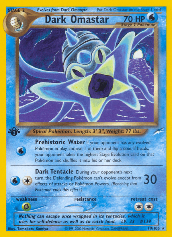 19, 1st Edition Normal, Grass[×2], Neo Destiny 1st Edition, Rare, Water Dark Omastar (19/105) [Neo Destiny 1st Edition] - Trading Card World