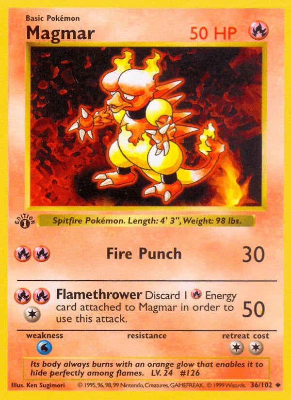 1st Edition Normal, 36, Base Set 1st Edition, Fire, Uncommon, Water[×2] Magmar (36/102) (Shadowless) [Base Set 1st Edition] - Trading Card World