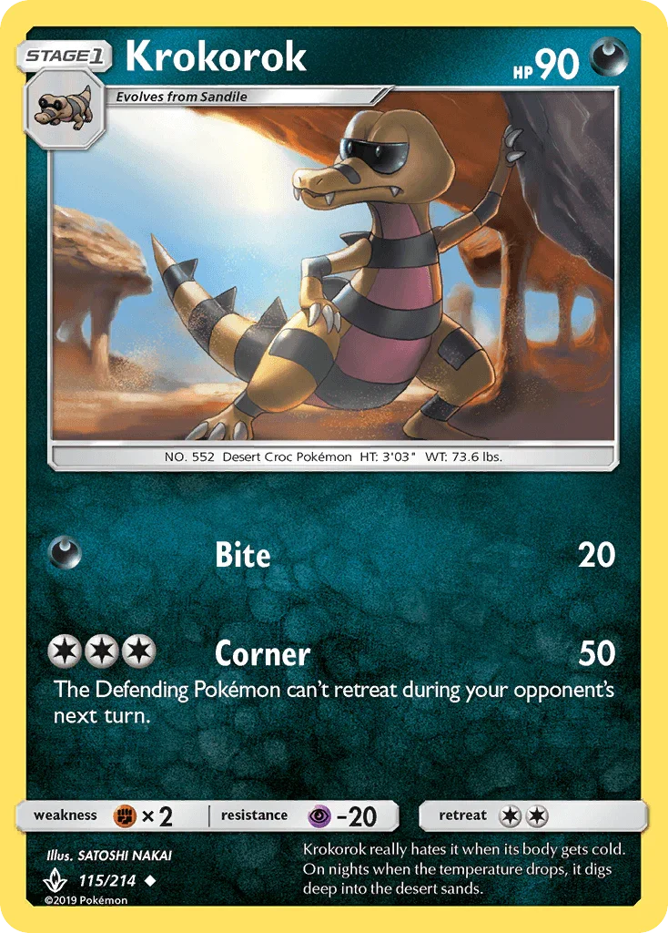 115, Darkness, Fighting[×2], Normal, Psychic[-20], Reverse Holofoil, Sun & Moon: Unbroken Bonds, Uncommon Krokorok (115/214) [Sun & Moon: Unbroken Bonds] - Trading Card World
