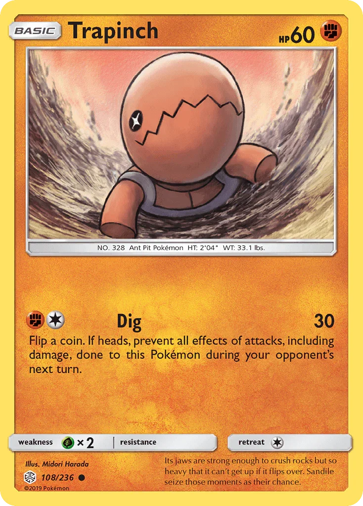 108, Common, Fighting, Grass[×2], Normal, Reverse Holofoil, Sun & Moon: Cosmic Eclipse Trapinch (108/236) [Sun & Moon: Cosmic Eclipse] - Trading Card World