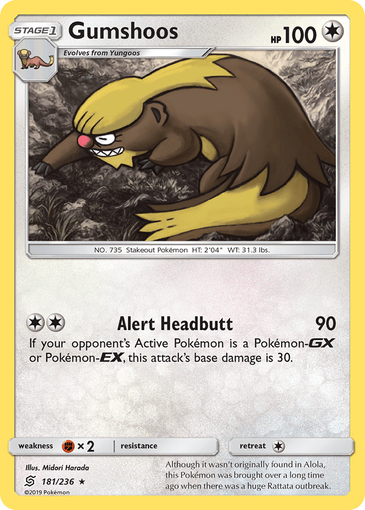 181, Colorless, Fighting[×2], Normal, Rare, Reverse Holofoil, Sun & Moon: Unified Minds Gumshoos (181/236) [Sun & Moon: Unified Minds] - Trading Card World