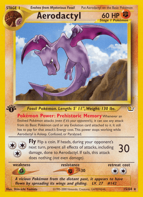 15, 1st Edition Normal, Fighting, Fighting[-30], Grass[×2], Neo Revelation 1st Edition, Rare Aerodactyl (15/64) [Neo Revelation 1st Edition] - Trading Card World