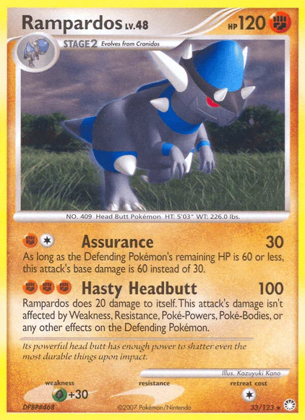 33, Diamond & Pearl: Mysterious Treasures, Fighting, Grass[+30], Normal, Rare, Reverse Holofoil Rampardos (33/123) [Diamond & Pearl: Mysterious Treasures] - Trading Card World