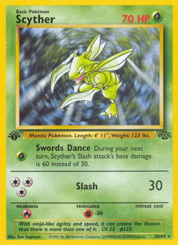 1st Edition Normal, 26, Fighting[-30], Fire[×2], Grass, Jungle 1st Edition, Rare Scyther (26/64) [Jungle 1st Edition] - Trading Card World