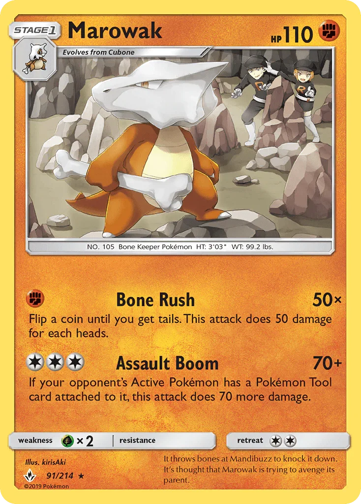 91, Fighting, Grass[×2], Normal, Rare, Reverse Holofoil, Sun & Moon: Unbroken Bonds Marowak (91/214) [Sun & Moon: Unbroken Bonds] - Trading Card World