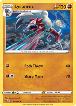 095, Fighting, Grass[×2], Normal, Rare, Reverse Holofoil, Sword & Shield: Vivid Voltage Lycanroc (095/185) [Sword & Shield: Vivid Voltage] - Trading Card World