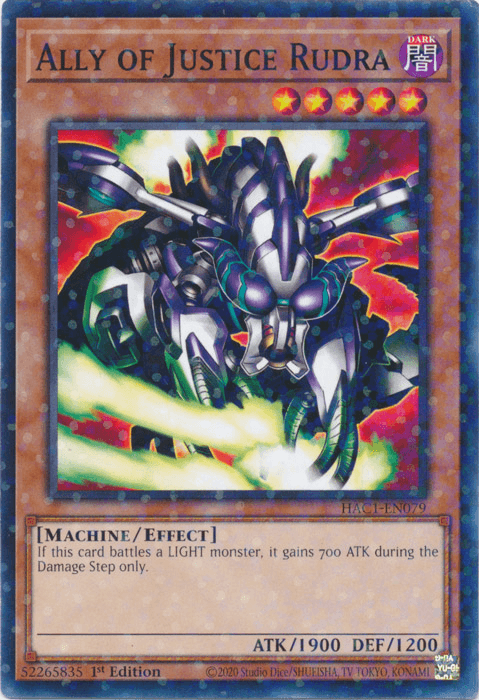 1st Edition, Common, Dark, Effect Monster, Hidden Arsenal: Chapter 1, Machine Ally of Justice Rudra (Duel Terminal) [HAC1-EN079] Common - Trading Card World