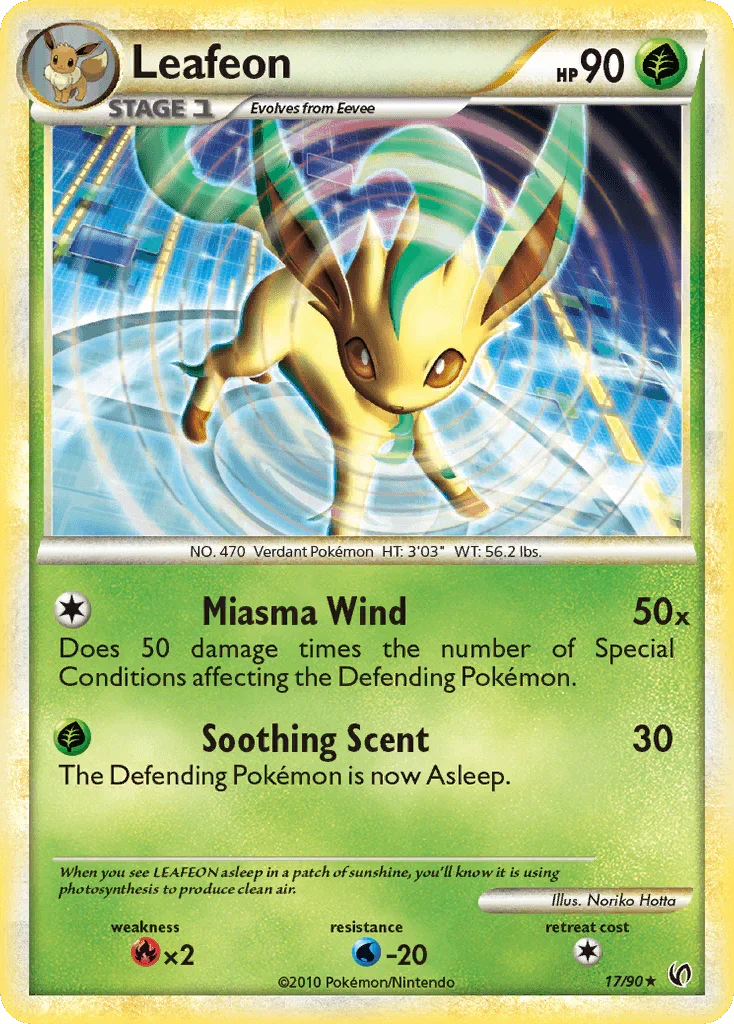 17, Fire[×2], Grass, HeartGold & SoulSilver: Undaunted, Normal, Rare, Reverse Holofoil, Water[-20] Leafeon (17/90) [HeartGold & SoulSilver: Undaunted] - Trading Card World