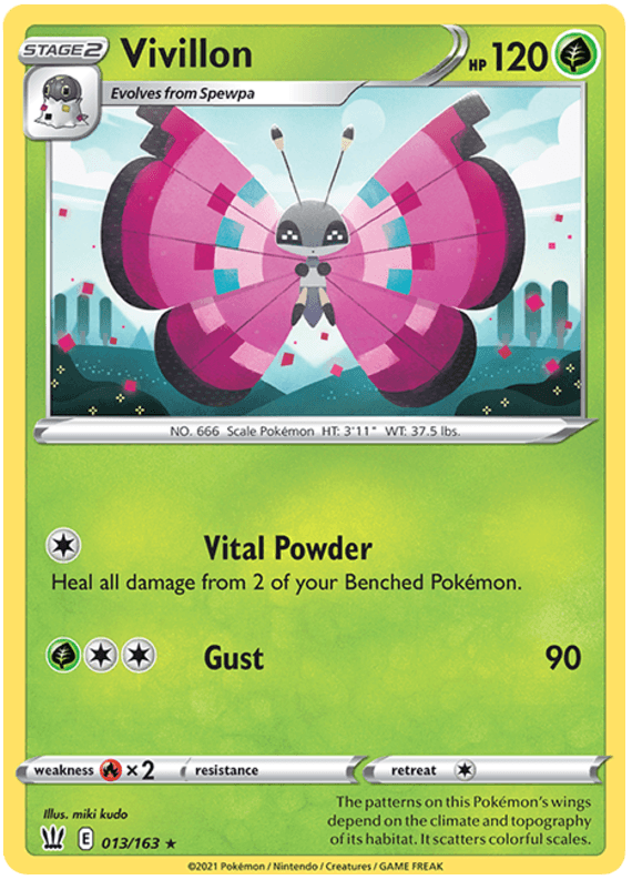 013, Fire[×2], Grass, Normal, Rare, Reverse Holofoil, Sword & Shield: Battle Styles Vivillon (013/163) [Sword & Shield: Battle Styles] - Trading Card World