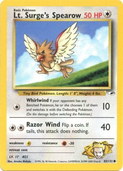 83, Colorless, Common, Fighting[-30], Gym Heroes Unlimited, Lightning[×2], Normal Lt. Surge's Spearow (83/132) [Gym Heroes Unlimited] - Trading Card World