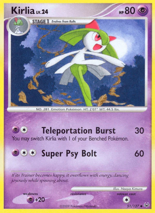 51, Normal, Platinum: Base Set, Psychic, Psychic[+20], Reverse Holofoil, Uncommon Kirlia (51/127) [Platinum: Base Set] - Trading Card World