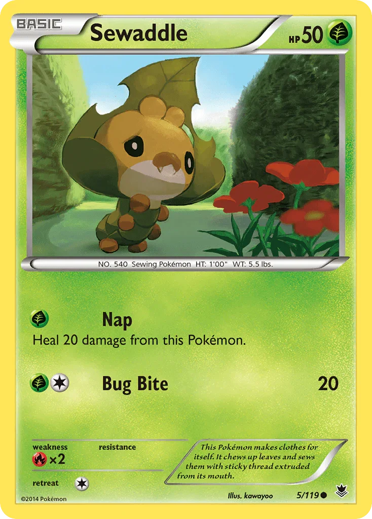 Common, Fire[×2], Grass, Normal, Reverse Holofoil, XY: Phantom Forces Sewaddle (5/119) [XY: Phantom Forces] - Trading Card World