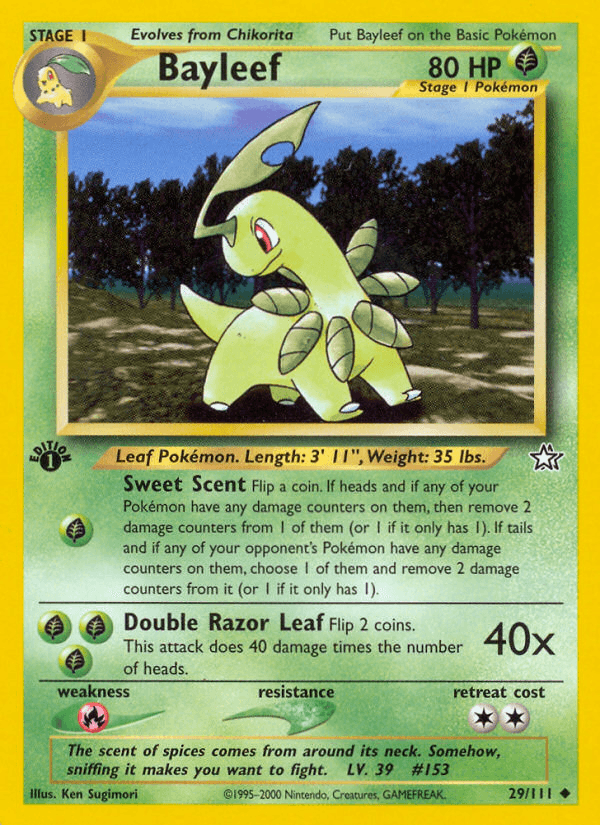 1st Edition Normal, 29, Fire[×2], Grass, Neo Genesis 1st Edition, Uncommon Bayleef (29/111) [Neo Genesis 1st Edition] - Trading Card World
