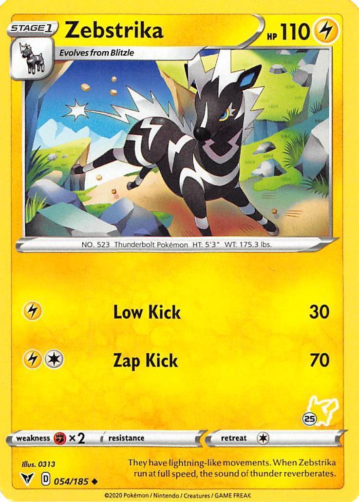 054, Battle Academy 2022, Fighting [x2], Lightning, Normal, Uncommon Zebstrika (054/185) (Pikachu Stamp #25) [Battle Academy 2022] - Trading Card World