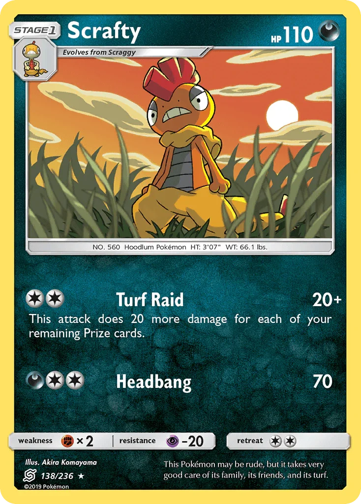 138, Darkness, Fighting[×2], Normal, Psychic[-20], Rare, Reverse Holofoil, Sun & Moon: Unified Minds Scrafty (138/236) [Sun & Moon: Unified Minds] - Trading Card World