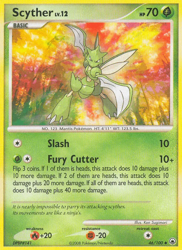 46, Diamond & Pearl: Majestic Dawn, Fighting[-20], Fire[+20], Grass, Normal, Reverse Holofoil, Uncommon Scyther (46/100) [Diamond & Pearl: Majestic Dawn] - Trading Card World