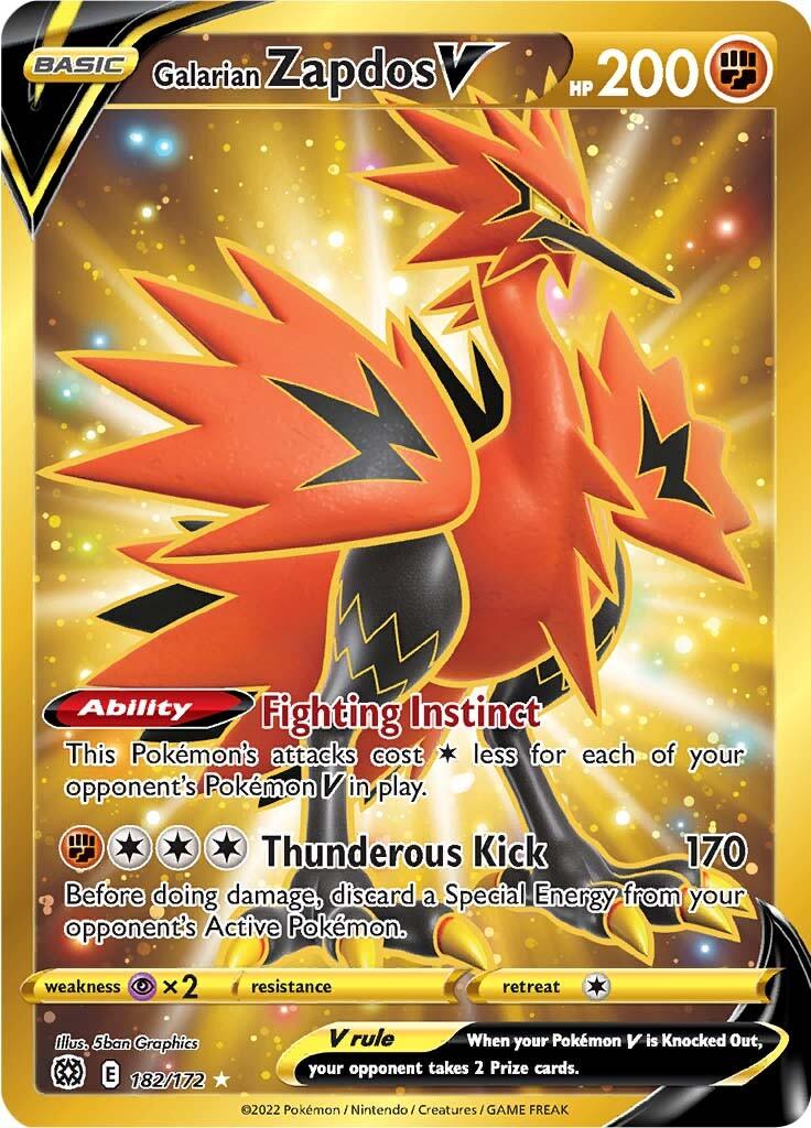 182, Fighting, Holofoil, Psychic [x2], Secret Rare, Sword & Shield: Brilliant Stars Galarian Zapdos V (182/172) [Sword & Shield: Brilliant Stars] - Trading Card World