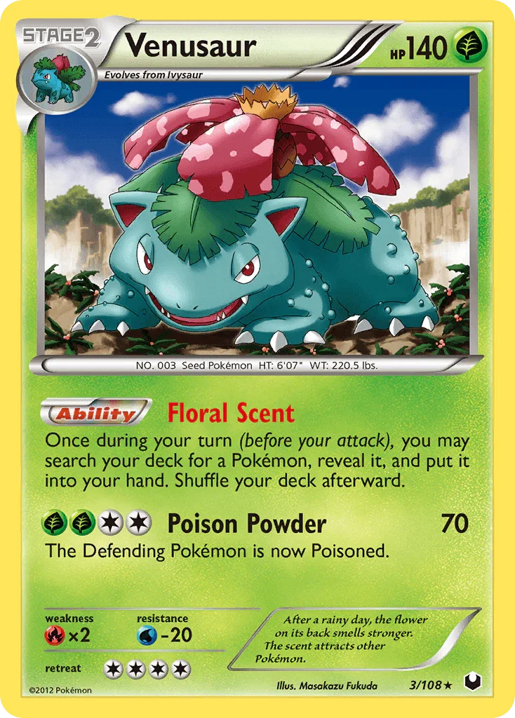 Black & White: Dark Explorers, Fire[×2], Grass, Holo Rare, Holofoil, Reverse Holofoil, Water[-20] Venusaur (3/108) [Black & White: Dark Explorers] - Trading Card World