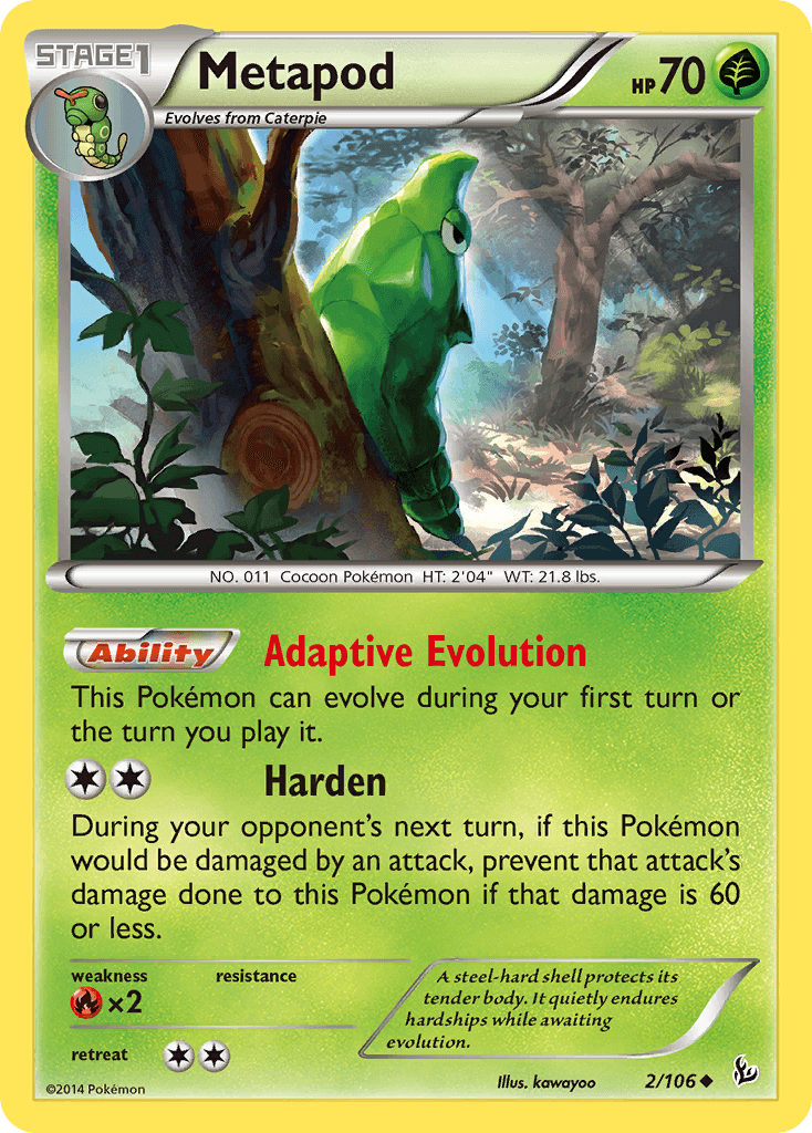 Fire[×2], Grass, Normal, Reverse Holofoil, Uncommon, XY: Flashfire Metapod (2/106) [XY: Flashfire] - Trading Card World