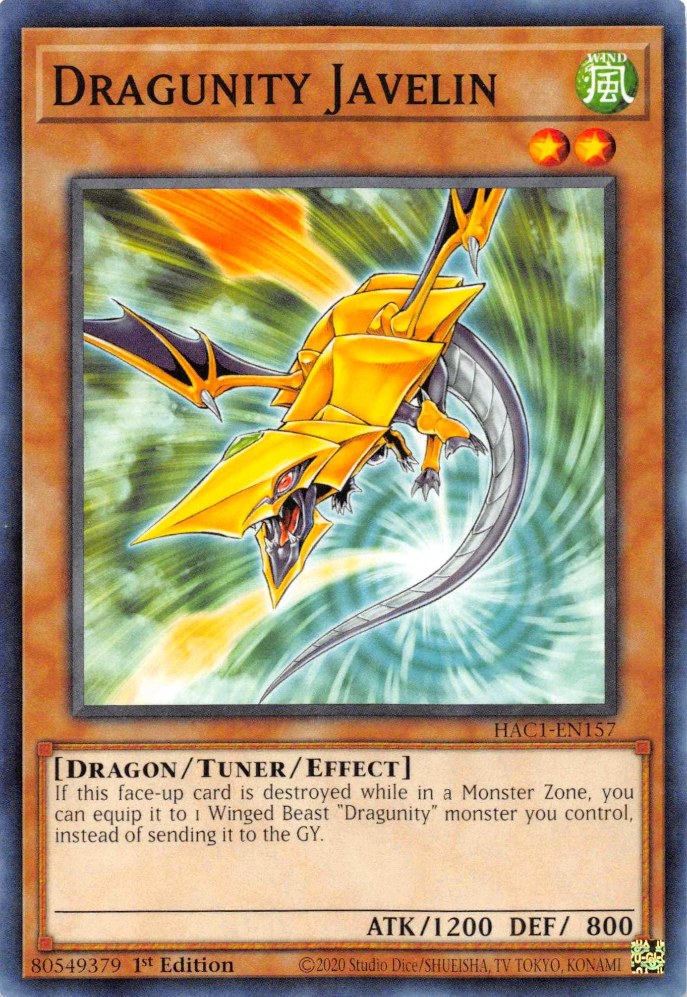1st Edition, Common, Dragon, Hidden Arsenal: Chapter 1, Tuner/Effect Monster, Wind Dragunity Javelin [HAC1-EN157] Common - Trading Card World