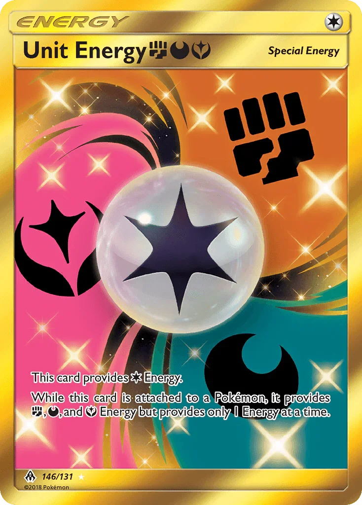146, Holofoil, Secret Rare, Special Energy, Sun & Moon: Forbidden Light Unit Energy (146/131) (Fighting, Darkness, Fairy) [Sun & Moon: Forbidden Light] - Trading Card World
