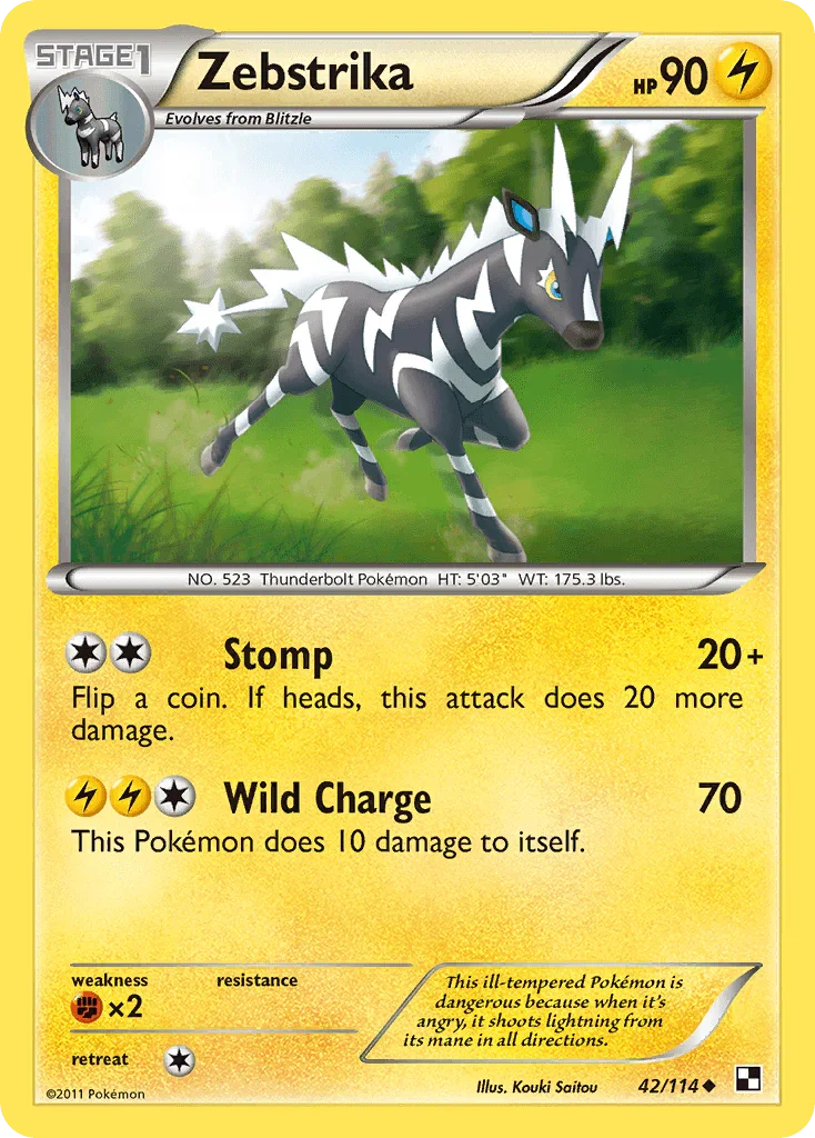 42, Black & White: Base Set, Fighting[×2], Lightning, Normal, Reverse Holofoil, Uncommon Zebstrika (42/114) [Black & White: Base Set] - Trading Card World