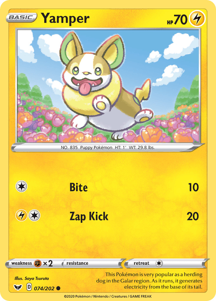 074, Common, Fighting[×2], Lightning, Normal, Reverse Holofoil, Sword & Shield: Base Set Yamper (074/202) [Sword & Shield: Base Set] - Trading Card World