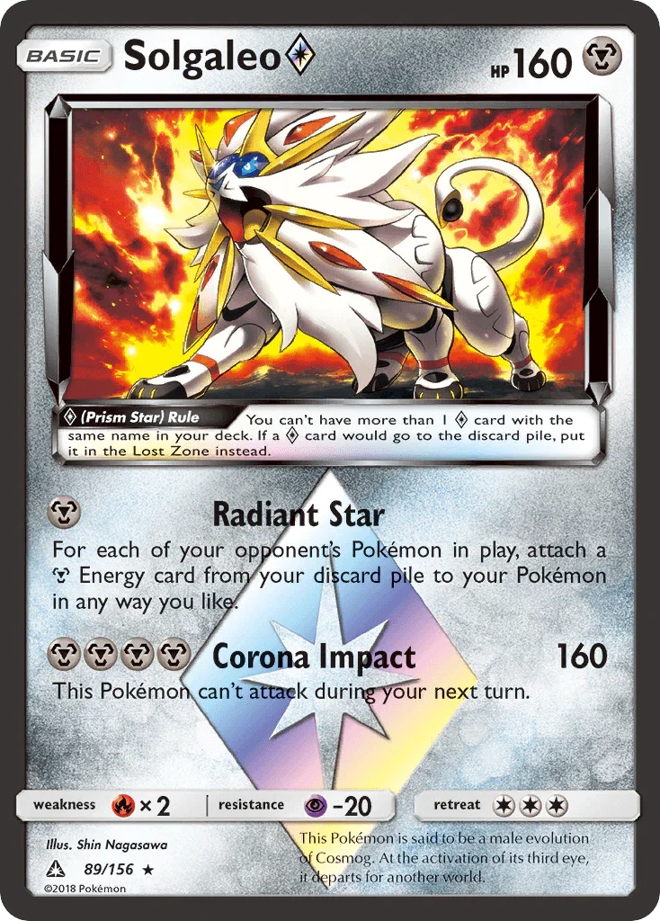 89, Fire[×2], Holo Rare, Holofoil, Metal, Psychic[-20], Sun & Moon: Ultra Prism Solgaleo (89/156) (Prism Star) [Sun & Moon: Ultra Prism] - Trading Card World
