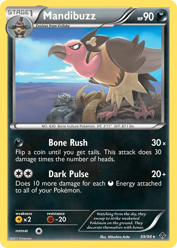 69, Black & White: Emerging Powers, Darkness, Fighting[-20], Lightning[×2], Normal, Rare, Reverse Holofoil Mandibuzz (69/98) [Black & White: Emerging Powers] - Trading Card World
