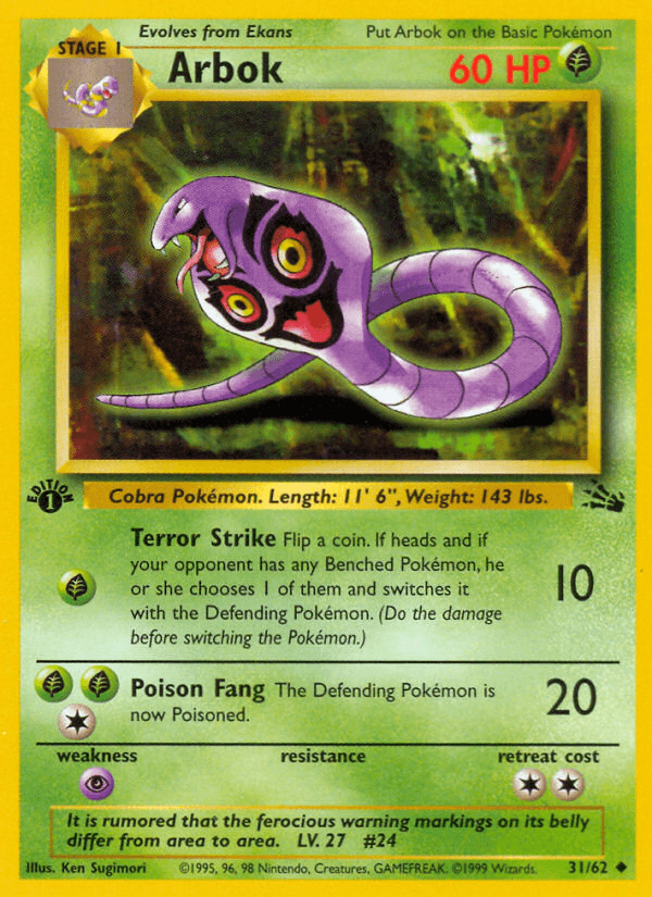 1st Edition Normal, 31, Fossil 1st Edition, Grass, Psychic[×2], Uncommon Arbok (31/62) [Fossil 1st Edition] - Trading Card World