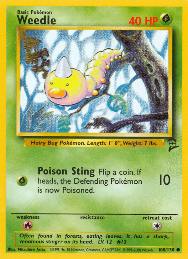 100, Base Set 2, Common, Fire[×2], Grass, Normal Weedle (100/130) [Base Set 2] - Trading Card World