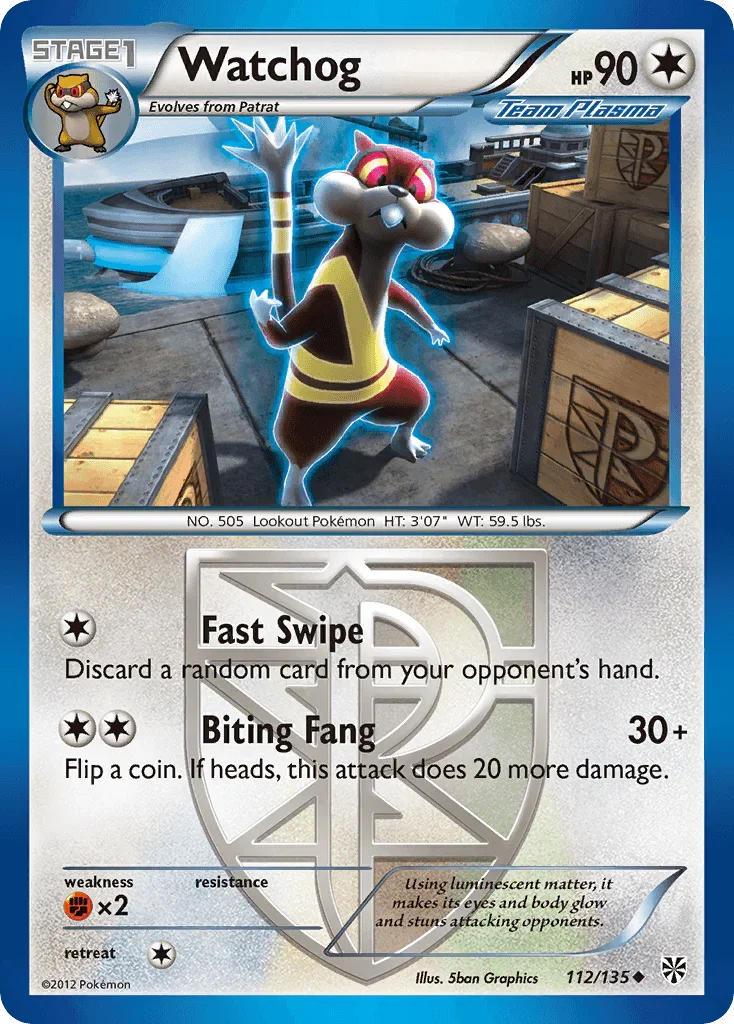 112, Black & White: Plasma Storm, Colorless, Fighting[×2], Normal, Reverse Holofoil, Uncommon Watchog (112/135) [Black & White: Plasma Storm] - Trading Card World